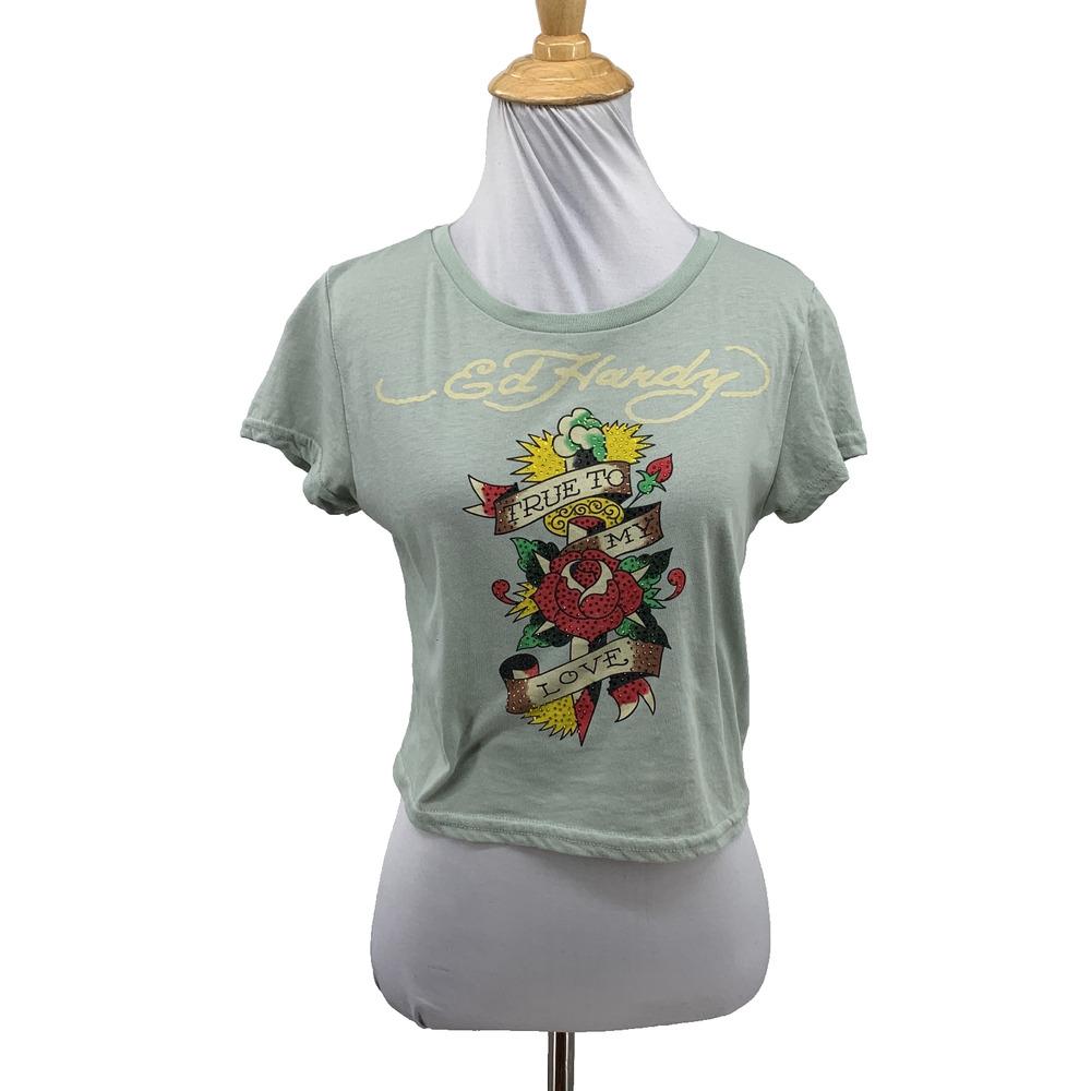Ed Hardy Shirt Womens L Large Seafoam True to My Love Rhinestone Cropped *READ